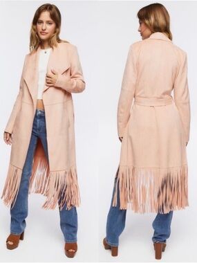 New Forever 21 Premium Label Blush Faux Suede Belted Fringe Jacket W/ Pockets